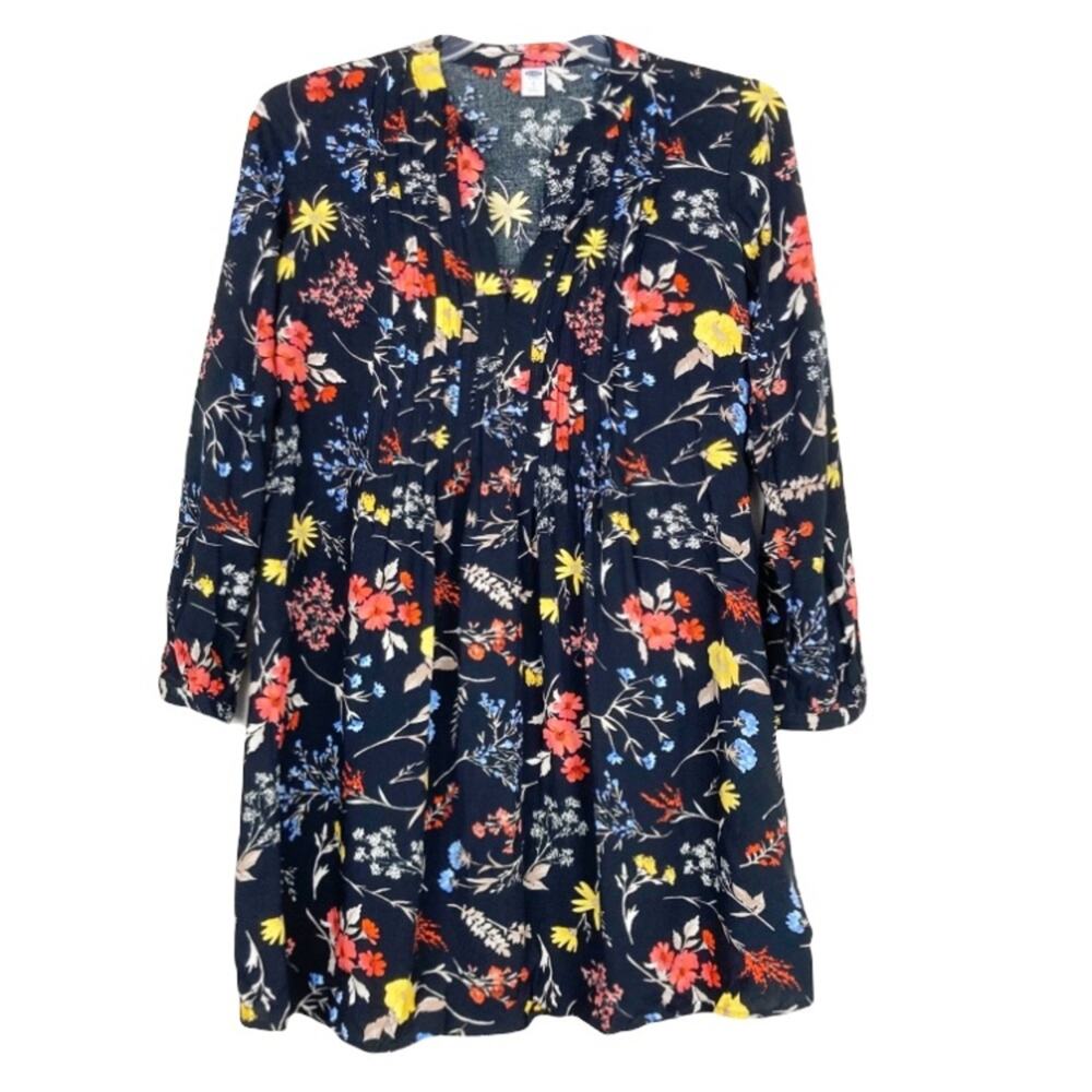 Old Navy Black Floral Pleated Long Sleeve Dress Sz S